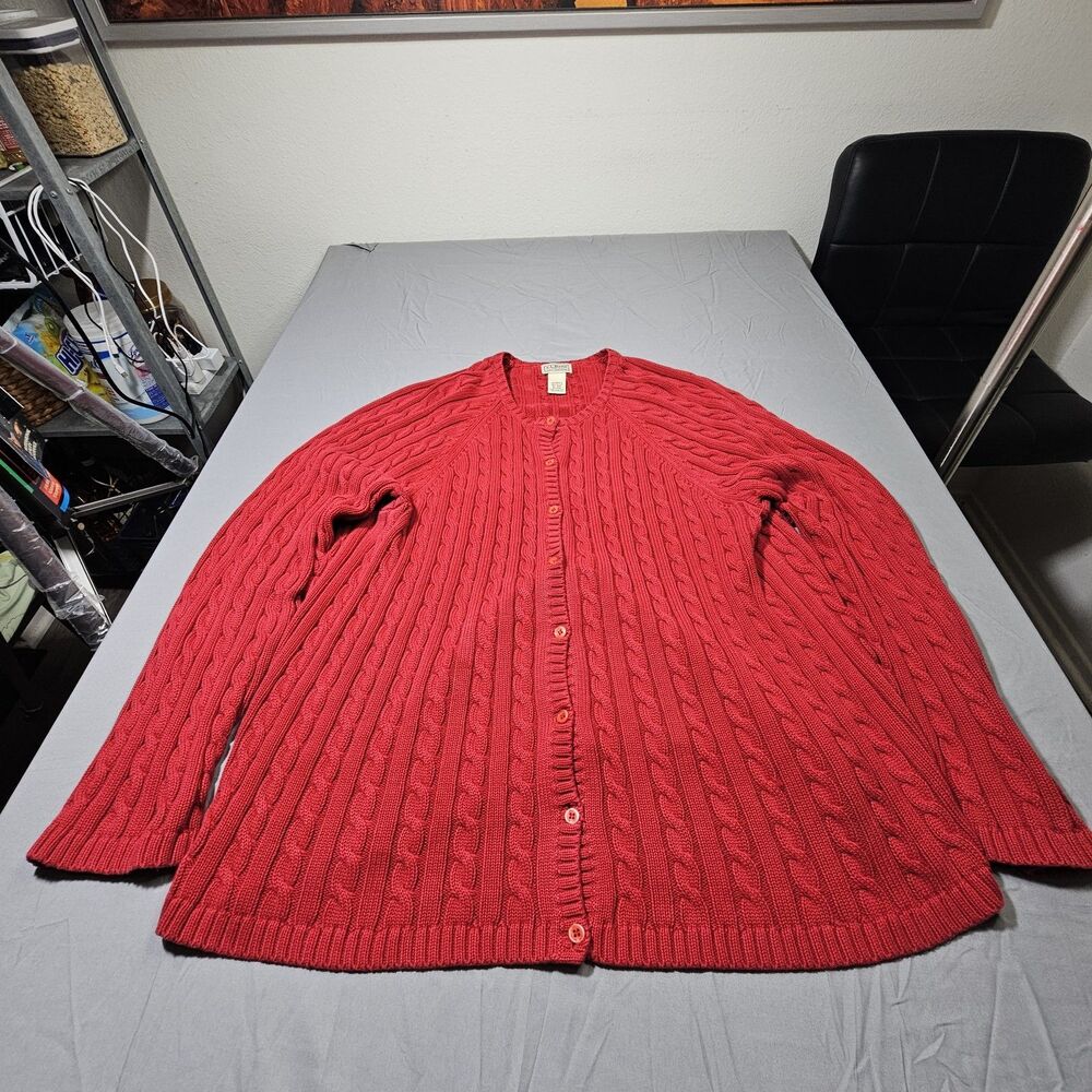 L.L.Bean Women's The Original Double L Cable Cardigan Sweater red color size xxl